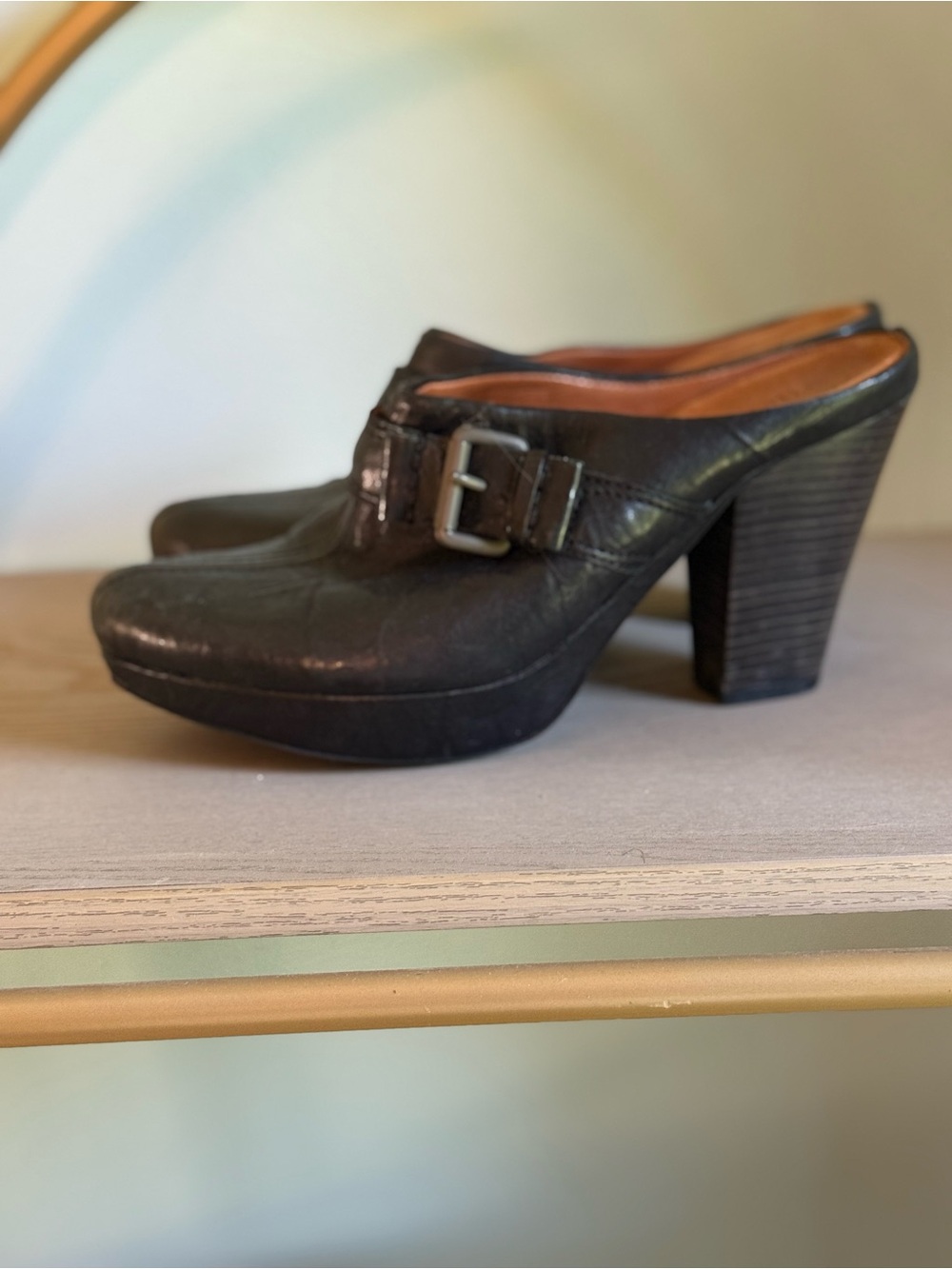 Black Leather Buckle Clog Mules with Block Heel